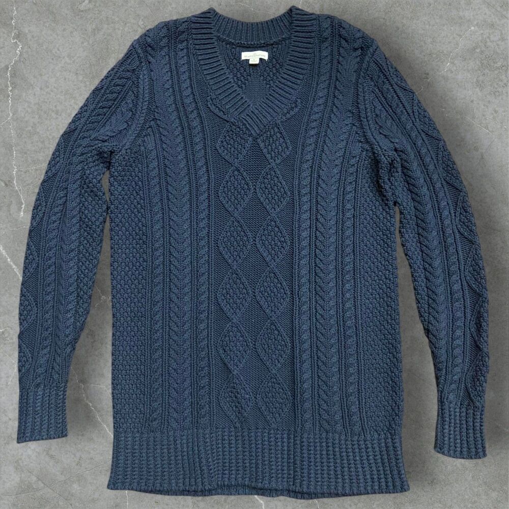 L.L. Bean Signature Cotton Fisherman Sweater V-Neck Tunic Navy Blue Women's S